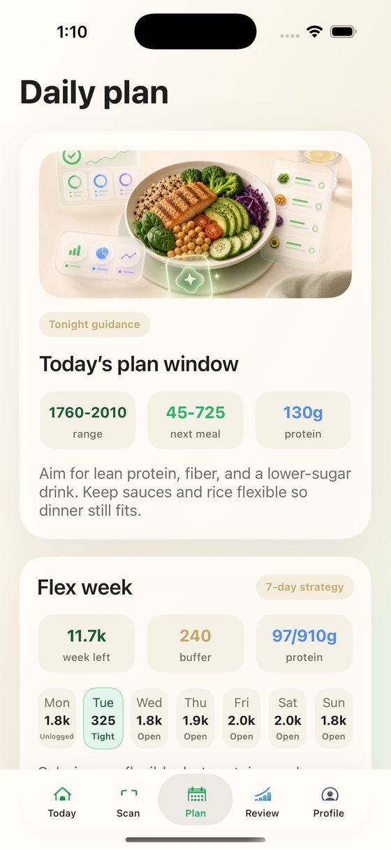 Nuvora AI Plan screen with today's plan window and Flex week strategy