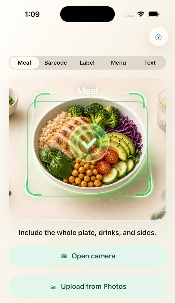 Nuvora AI Scan screen with a meal in the viewfinder and Meal, Barcode, Label, Menu, and Text modes